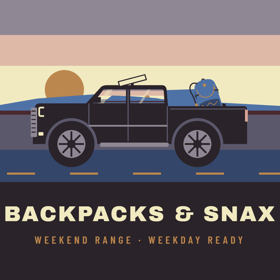 Illustration of a dark pickup truck with a backpack in the bed and a Starlink dish, driving past a sunset. Text: Backpacks and Snax, Weekend Range, Weekday Ready